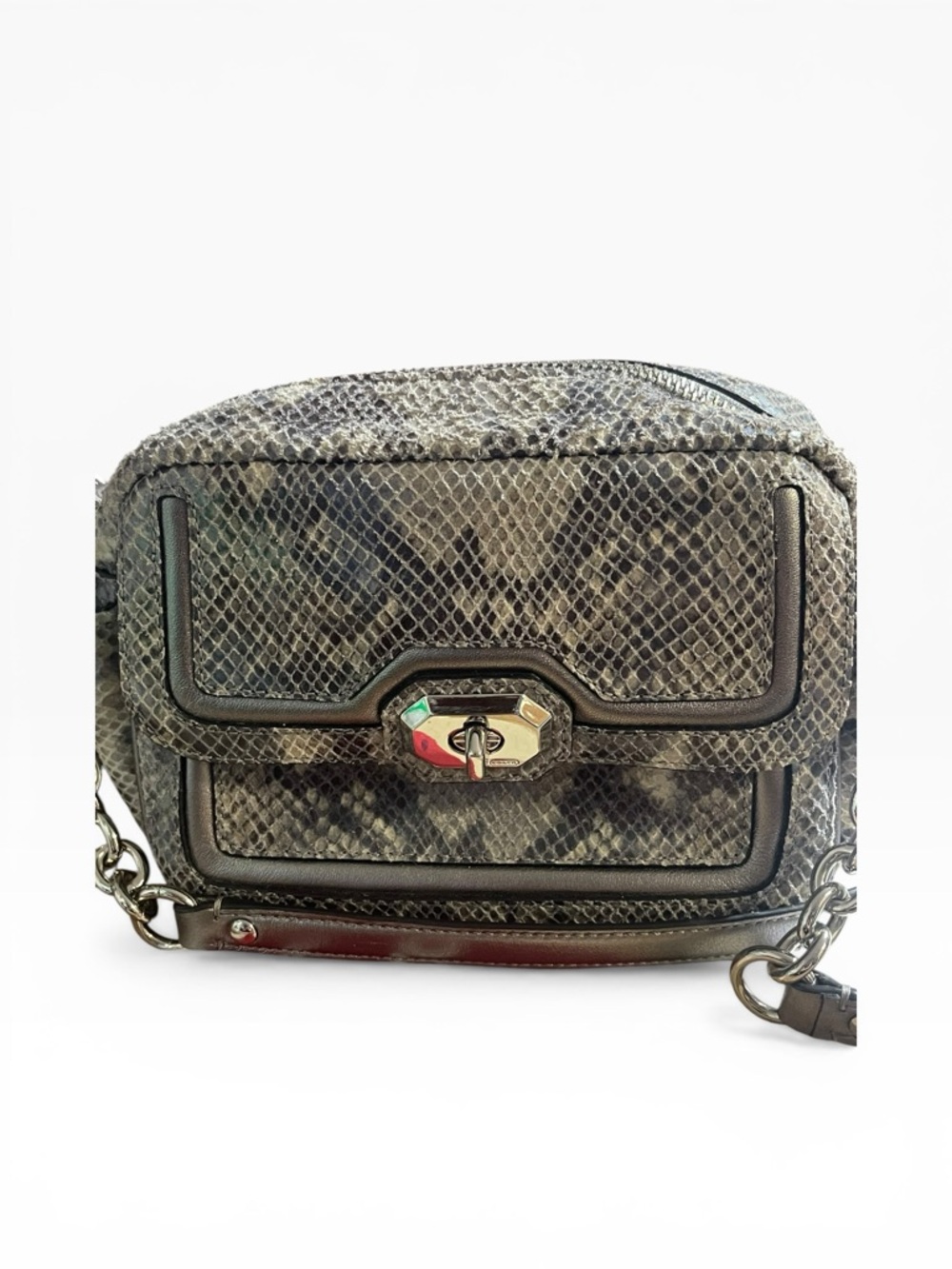 Coach Snakeskin Embossed Leather Shoulder Bag Chain Strap Y2K Mini Flap Grey - Picture 11 of 16